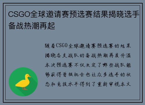 CSGO全球邀请赛预选赛结果揭晓选手备战热潮再起