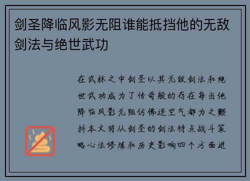 剑圣降临风影无阻谁能抵挡他的无敌剑法与绝世武功