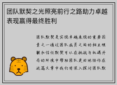 团队默契之光照亮前行之路助力卓越表现赢得最终胜利