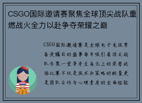 CSGO国际邀请赛聚焦全球顶尖战队重燃战火全力以赴争夺荣耀之巅