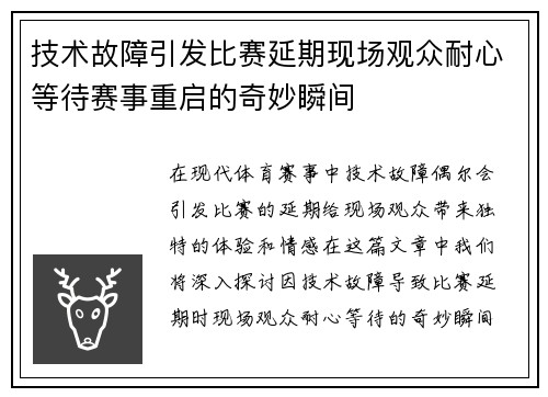技术故障引发比赛延期现场观众耐心等待赛事重启的奇妙瞬间