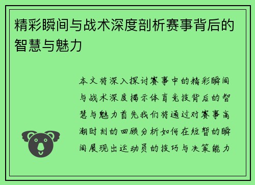 精彩瞬间与战术深度剖析赛事背后的智慧与魅力