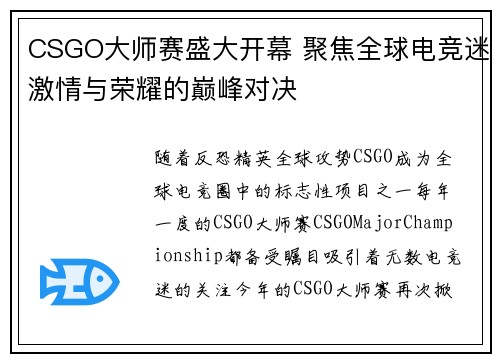 CSGO大师赛盛大开幕 聚焦全球电竞迷激情与荣耀的巅峰对决
