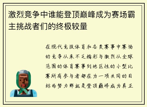 激烈竞争中谁能登顶巅峰成为赛场霸主挑战者们的终极较量
