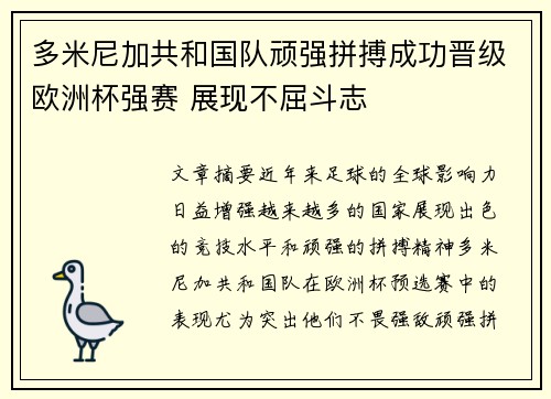 多米尼加共和国队顽强拼搏成功晋级欧洲杯强赛 展现不屈斗志