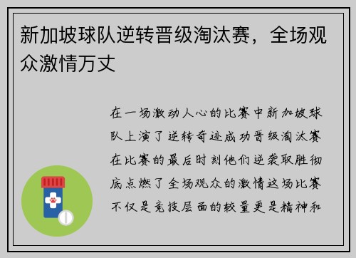 新加坡球队逆转晋级淘汰赛，全场观众激情万丈