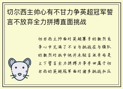 切尔西主帅心有不甘力争英超冠军誓言不放弃全力拼搏直面挑战