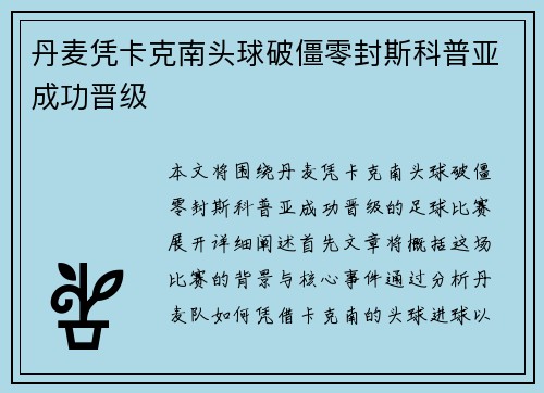 丹麦凭卡克南头球破僵零封斯科普亚成功晋级