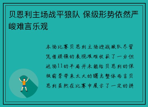 贝恩利主场战平狼队 保级形势依然严峻难言乐观