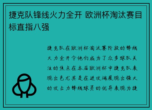 捷克队锋线火力全开 欧洲杯淘汰赛目标直指八强