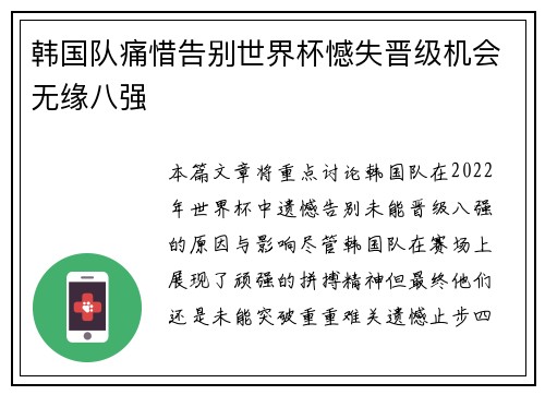 韩国队痛惜告别世界杯憾失晋级机会无缘八强