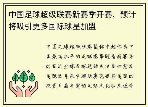 中国足球超级联赛新赛季开赛，预计将吸引更多国际球星加盟