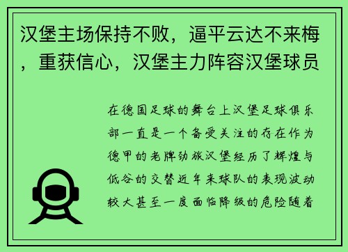 汉堡主场保持不败，逼平云达不来梅，重获信心，汉堡主力阵容汉堡球员名单