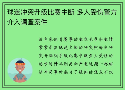 球迷冲突升级比赛中断 多人受伤警方介入调查案件