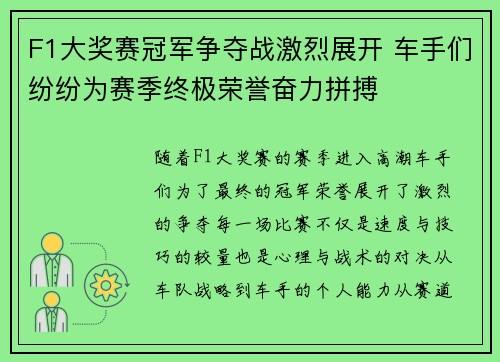 F1大奖赛冠军争夺战激烈展开 车手们纷纷为赛季终极荣誉奋力拼搏