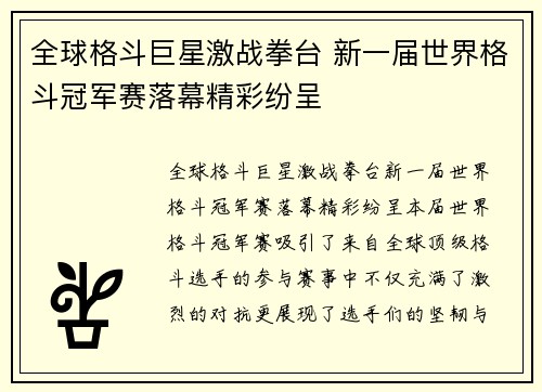 全球格斗巨星激战拳台 新一届世界格斗冠军赛落幕精彩纷呈